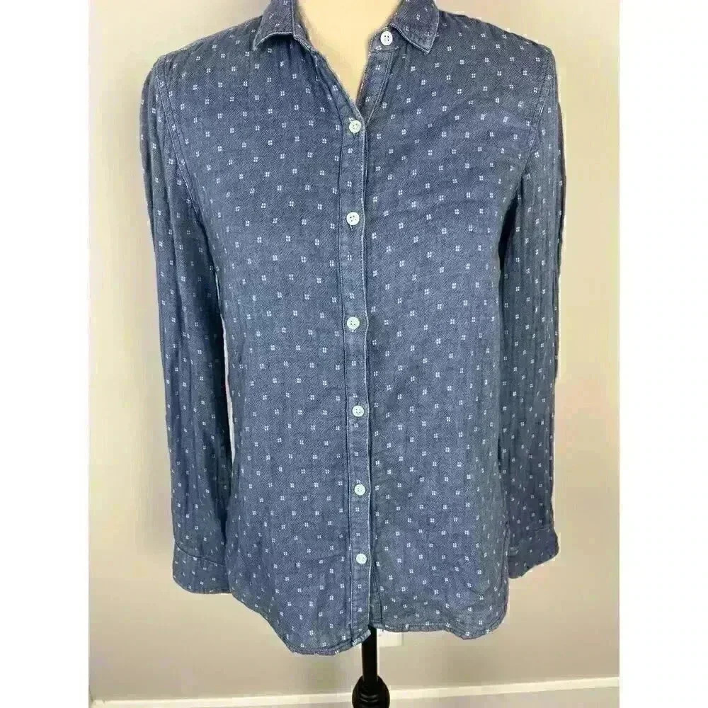 J. Mclaughlin Women's Denim Chambray Button Up Blue White Cotton Shirt Sz 6